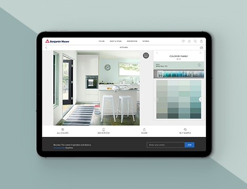 The Benjamin Moore Color Tools page open on a tablet. The Benjamin Moore Color Tools page open on a tablet.